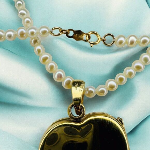 ANTIQUE- 14K Gold- Seed Pearl Heart Locket Necklace -19" -Victorian Era- 12.8g - Picture 6 of 16